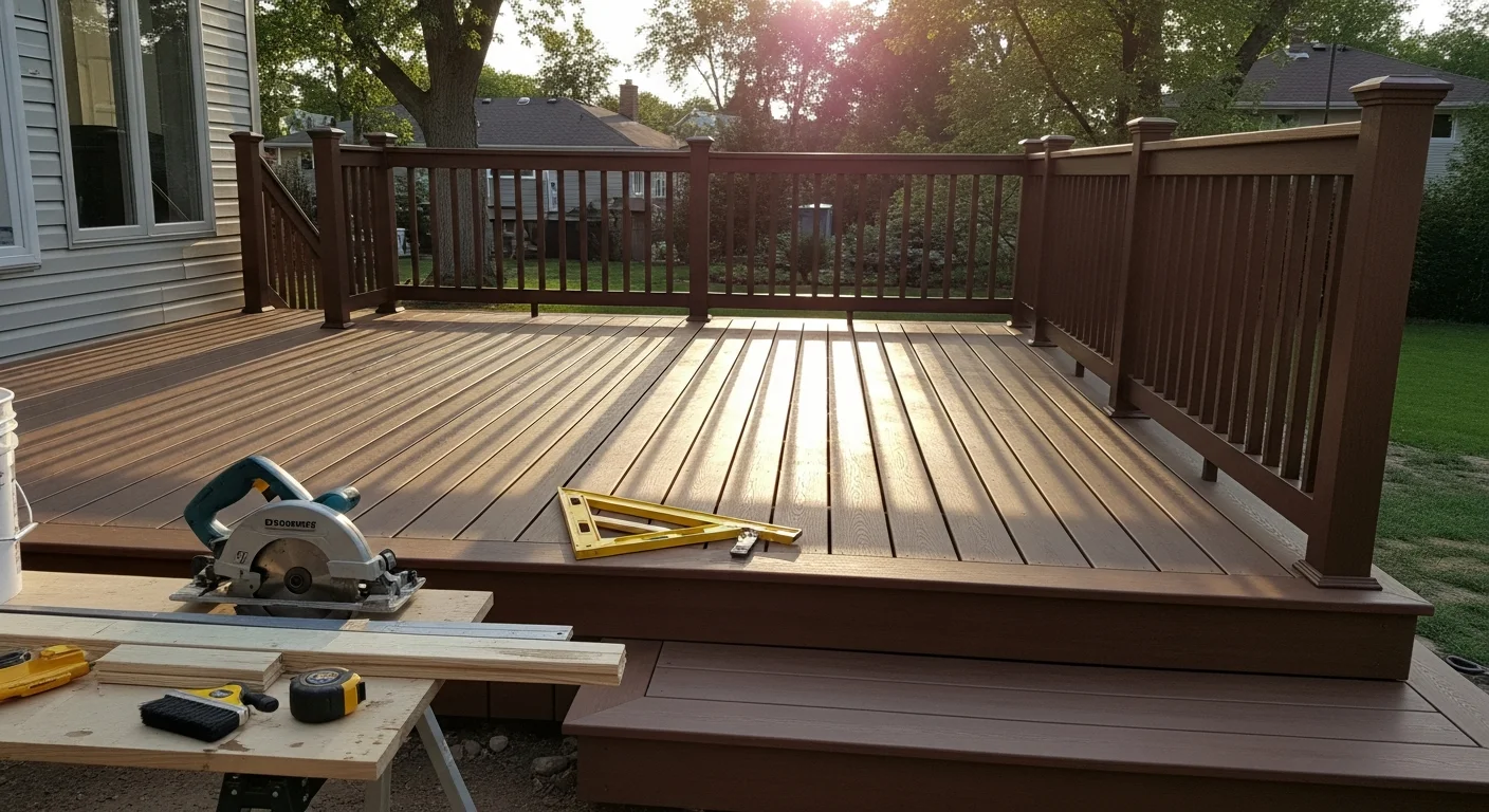 Custom wooden deck with seating area overlooking backyard