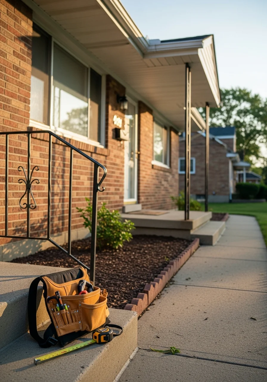 Professional in work uniform standing at a Redford residential property entrance.