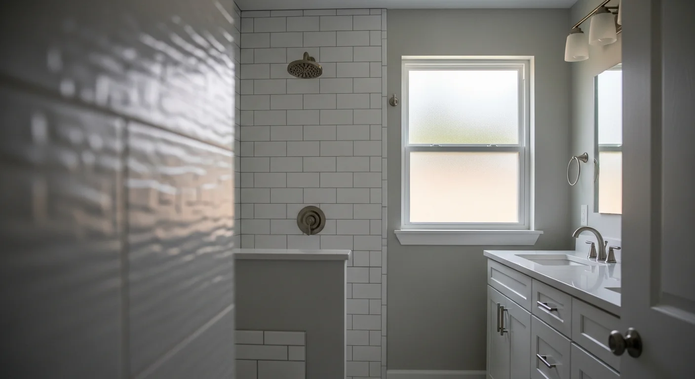 Remodeled bathroom in a Westland, MI single-family home featuring a tiled walk-in shower, updated vanity, and new flooring. BA Construction completed the full gut renovation including plumbing and tile work.
