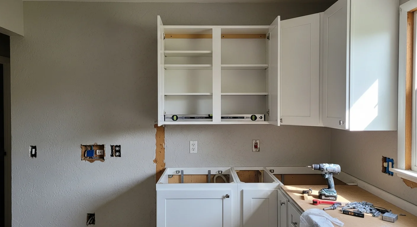 Newly installed custom kitchen cabinets with aligned doors and drawers in a single-family home in Westland, MI. White shaker-style wall and base cabinets fitted to a compact kitchen layout typical of mid-century Westland construction.