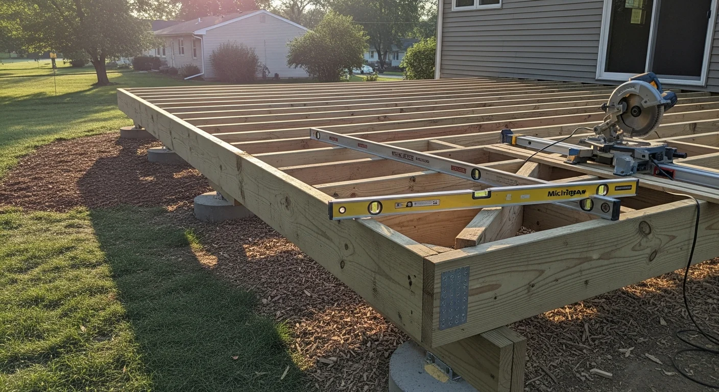 A newly built custom wood deck attached to the back of a residential home in Westland, Michigan, with clean framing, level boards, and a step down to the backyard. The deck is sized to fit a standard Wayne County residential lot with a clear view of the rear yard.