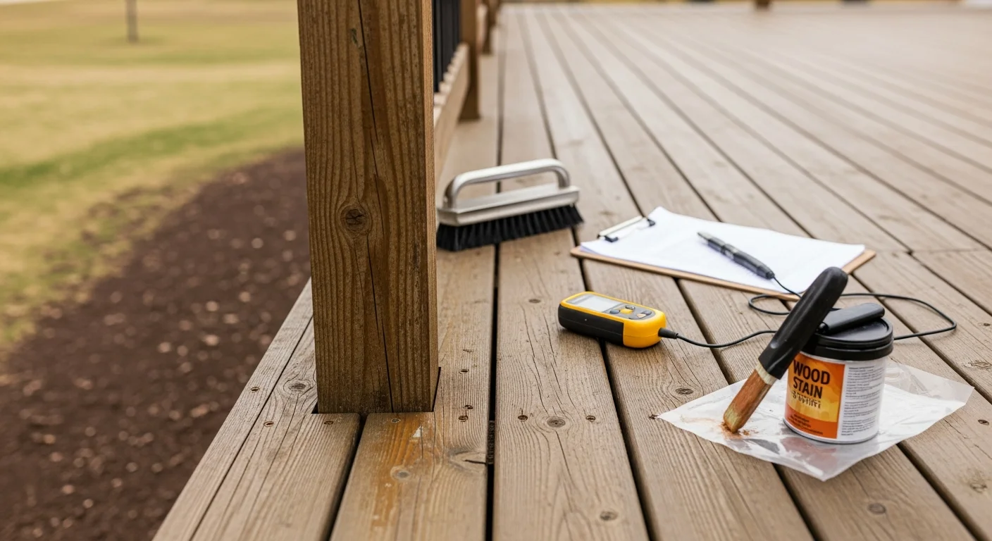 A wood deck in Westland, MI after professional cleaning and sealing, showing restored board color and clean railings. The deck is attached to the back of a residential home with a typical Wayne County suburban yard visible in the background.