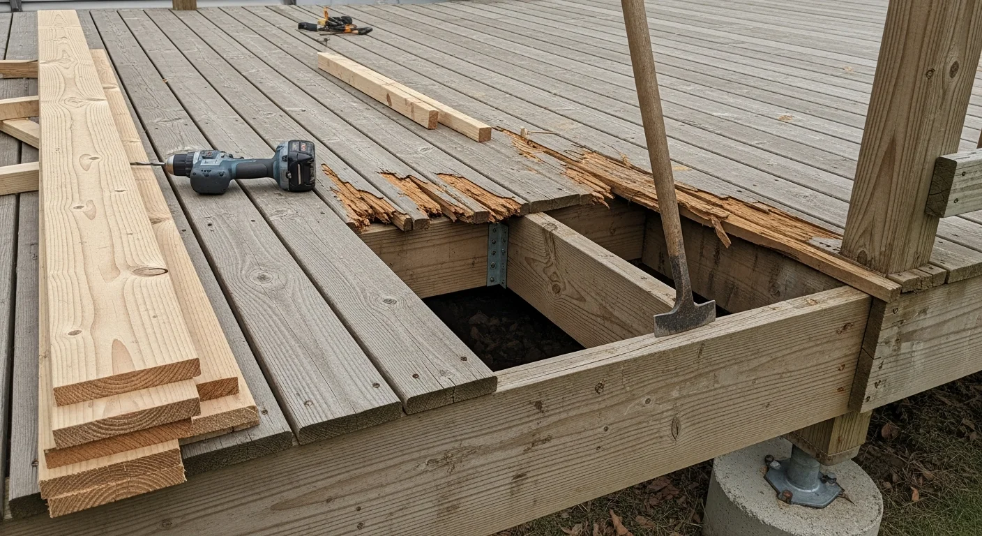 A repaired residential deck in Westland, MI with replaced decking boards and secured railings on a single-story home. Close view shows flush board installation and tight railing connections on a wood deck structure.