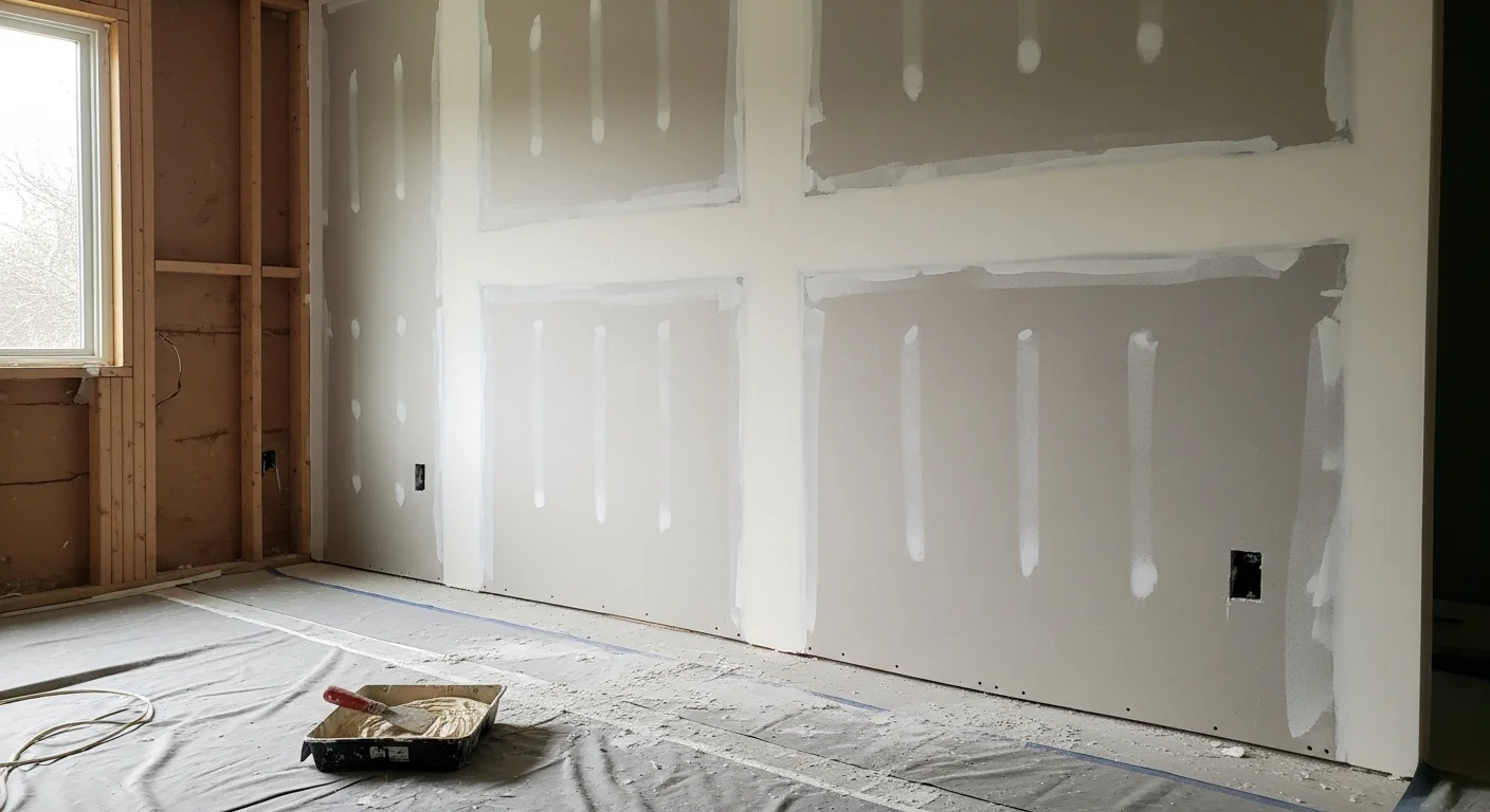 A freshly installed and finish-coated drywall wall inside a single-family home in Westland, MI, showing smooth joint lines ready for paint. A general contractor's tools and materials are visible in the foreground of the empty room.