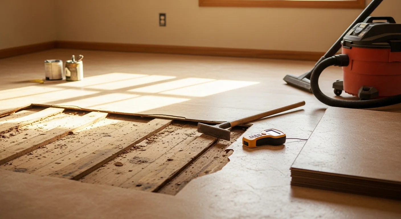 Freshly installed flooring in a single-family home in Westland, MI, showing clean edges along the baseboards and an even surface across the room. A general contractor crew from BA Construction completed the installation in a mid-century ranch-style home typical of the Westland area.
