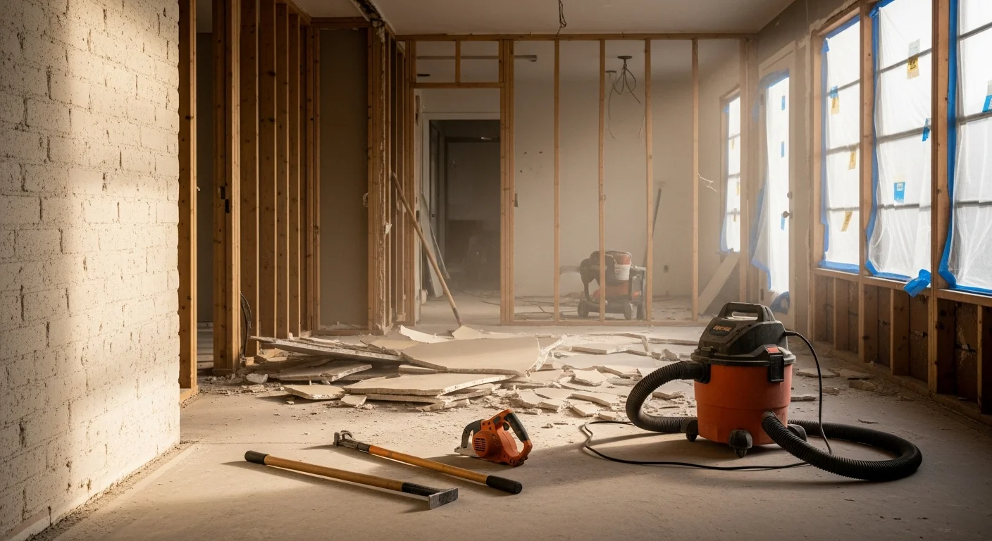 Interior of a Westland, MI ranch-style home mid-demolition with walls stripped to studs and flooring removed. BA Construction crew clearing debris from a gut renovation in progress.