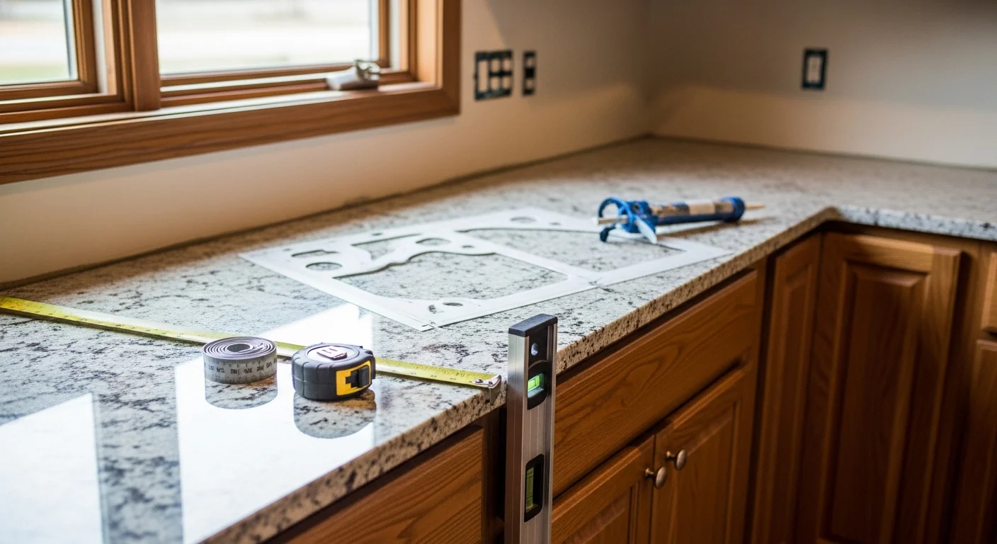 Newly installed kitchen countertop in a Westland, MI home, showing a flush surface fit over white base cabinets with a clean undermount sink cutout. The kitchen features updated fixtures and a fresh countertop surface replacing an older laminate installation.