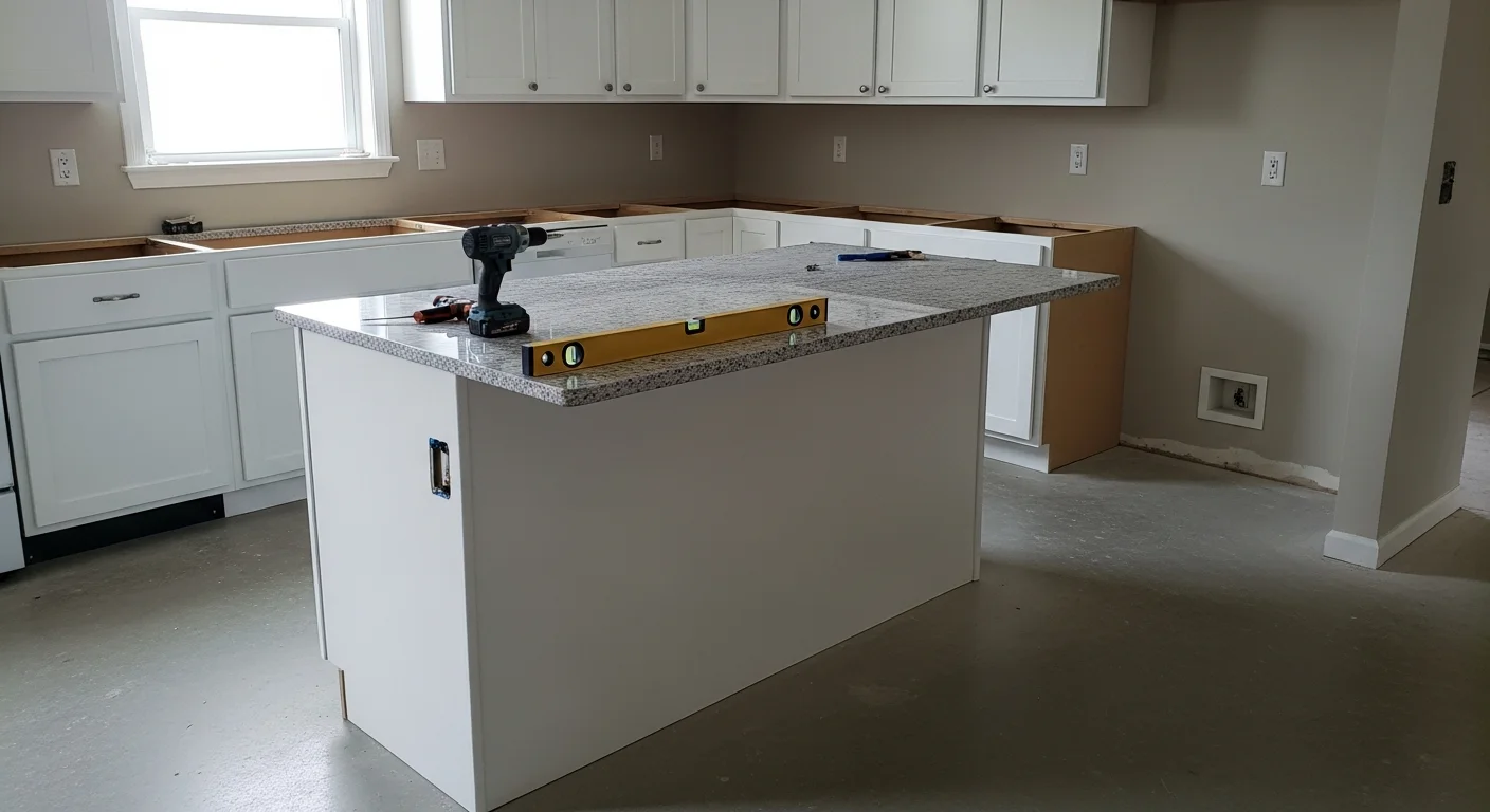 A newly installed kitchen island with a stone countertop and base cabinet storage inside a Westland, MI home. The island is centered in the kitchen with clear aisle space on all sides and overhead lighting above the work surface.