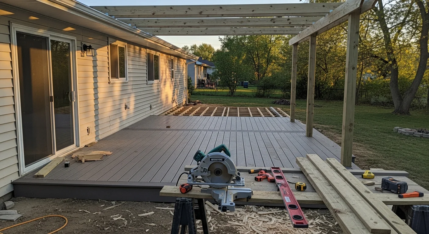 A finished backyard outdoor living space at a ranch-style home in Westland, MI, featuring a ground-level patio with a pergola and fire feature. The space connects directly to the home's rear doorwall with clean transitions to the surrounding yard.