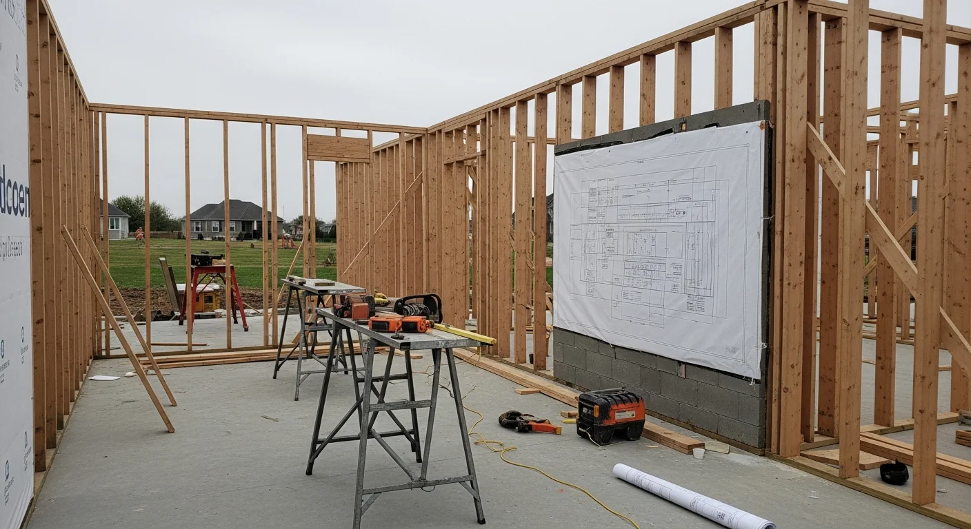 A newly constructed single-family home in a Westland, MI residential subdivision, showing completed exterior framing, siding, and roofline. BA Construction general contracting work in Wayne County, Michigan.